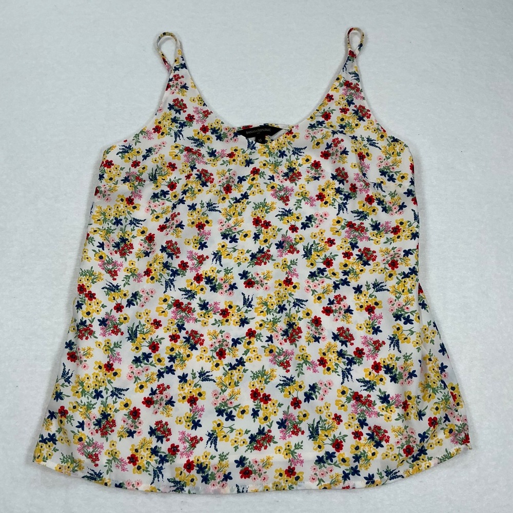 Banana Republic Floral Camisole Top XS White Yellow Red Blue V-Neck Cami